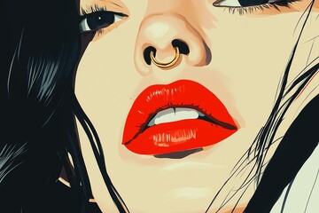 Poster - Minimalist illustration of a woman’s face with only a gold nose ring and red lips standing out.