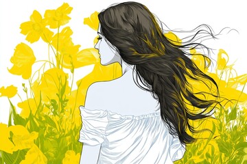 Poster - Outline of a woman standing in a field of mustard flowers, with just the flowers in yellow.