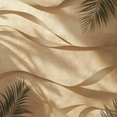 Poster - Elegant earthy background with soft beige ribbons and green palm fronds casting gentle shadows.
