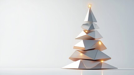 Wall Mural - Abstract white geometric Christmas tree with warm lights on white background.