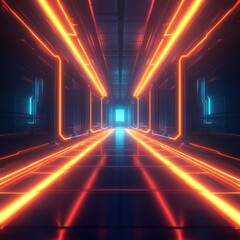 Wall Mural - Futuristic corridor with vibrant orange and blue neon lighting, creating a captivating sci-fi ambiance.