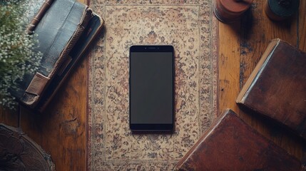 Modern flat lay of a smartphone with a blank screen