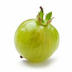 Poster - single, ripe gooseberry with stem and leaf, resting on a white background