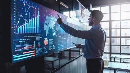a business professional giving a presentation using a large digital screen, displaying interactive g