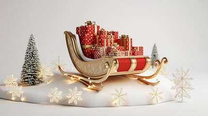 Poster - Christmas sleigh filled with red gifts, snowy scene.