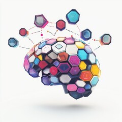 Poster - A vibrant, abstract representation of a brain shaped from colorful hexagons, symbolizing innovation and connectivity.