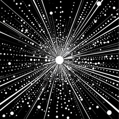 Poster - Abstract black and white graphic depicting a burst of light with dynamic, radiating lines and scattered dots.
