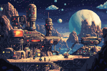 Wall Mural - futuristic space colony stationed on alien planet. space travel illustration in pixel art style