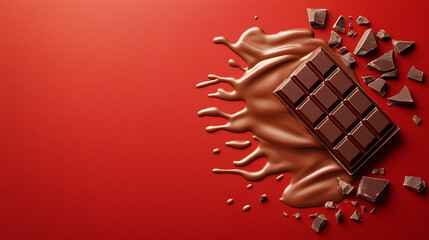 Aufkleber - Delicious chocolate bar melting on vibrant red background