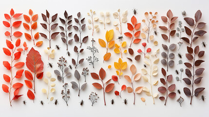 Fototapete - Colorful autumn leaves arranged artistically on white background