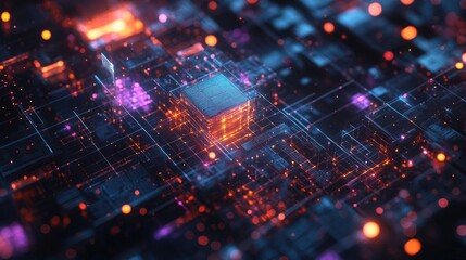 Poster - Abstract digital circuit board with glowing central processor.