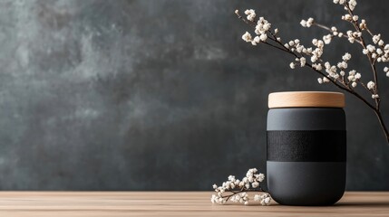 Sticker - Minimalist still life with a black ceramic jar with wooden lid beside a branch of white flowers on wooden surface against dark mottled background