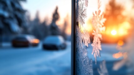 Wall Mural - Frozen windowpane with intricate ice crystals, showcasing a vibrant sunset over a snowy landscape.