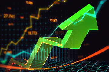 Poster - Bullish market and trading concept with perspective view on digital graphic rising up green arrow on dark technological squared background with stats indicators. 3D rendering