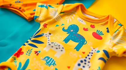 Wall Mural - A vibrant yellow baby romper with fun animal prints