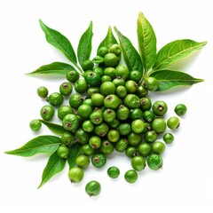 Wall Mural - Fresh green peppercorns with leaves spread out on a white background, captured from above