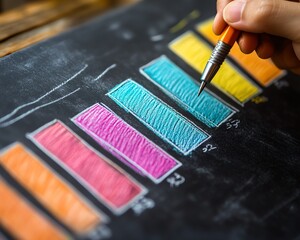 Leinwandbilder - Closeup of a hand drawing a vibrant bar graph on a chalkboard, holding a pen, symbolizing business strategy and growth