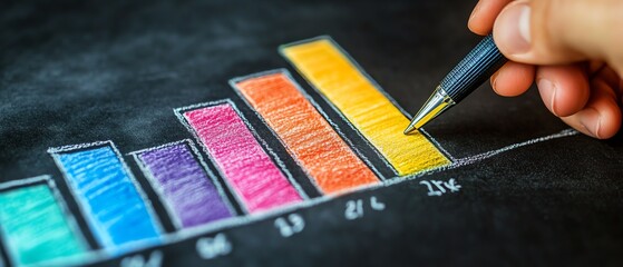 Poster - Closeup of a hand drawing a multicolored bar graph on a chalkboard, holding a pen, symbolizing data insights and business analysis