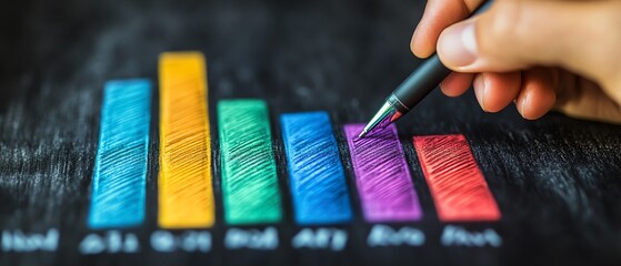 Poster - Closeup of a hand drawing a multicolored bar graph on a chalkboard, holding a pen, symbolizing data insights and business analysis