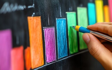 Leinwandbilder - Hand drawing a colorful bar graph on a chalkboard, with a pen in hand, representing data analysis and creative thinking