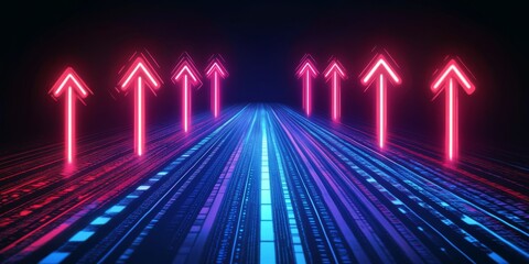 Poster - Dynamic red and blue glowing arrows continuously point upward on various contrasting paths against a dark background, artistically symbolizing creative progress and direction in a truly unique way