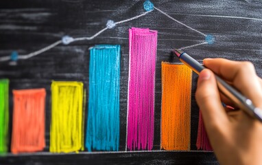 Leinwandbilder - Hand holding a pen, drawing a colorful bar graph on a chalkboard, representing market trends and strategic planning
