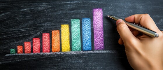 Leinwandbilder - Hand holding a pen, drawing a colorful bar graph on a chalkboard, representing market trends and strategic planning