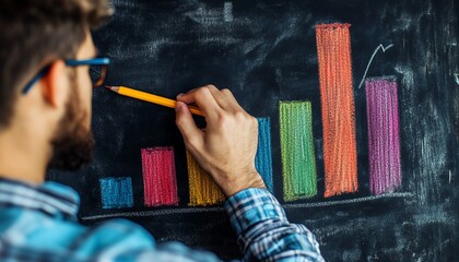 Leinwandbilder - Man drawing a colorful bar graph with chalk on a rustic chalkboard, symbolizing analysis, strategy, and creative business solutions