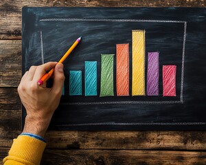 Poster - Man sketching a vibrant bar graph on a chalkboard with colorful bars in a rustic setting, symbolizing progress and business planning