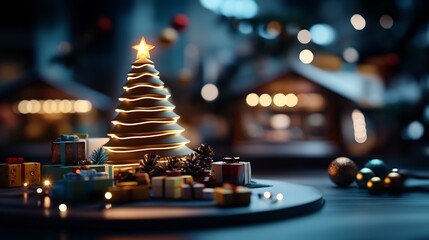 Canvas Print - Illuminated Christmas tree with gifts and festive village.