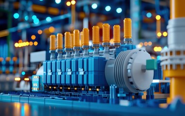 Poster - A detailed view of a mechanical assembly featuring blue components and orange accents, showcasing modern industrial design and engineering.