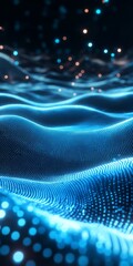 Poster - Embark on a mesmerizing journey through a surreal digital landscape of radiant blue waves and twinkling lights, creating an enchanting abstract experience that captivates the senses