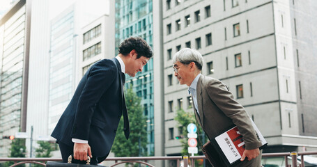Aufkleber - Japanese, business people and bow in city for greeting, deal or meeting as negotiation or thank you. Partnership, agreement and promotion with respect, colleagues or collaboration in legal settlement