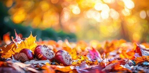 Close photo of two chestnuts lying among bright and colorful autumn leaves, capturing the essence of fall in a warm and inviting forest setting.