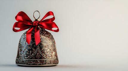 Poster - Ornate black bell with red ribbon bow on white background.