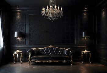 Wall Mural - Dark interior room with black luxury wallpaper.