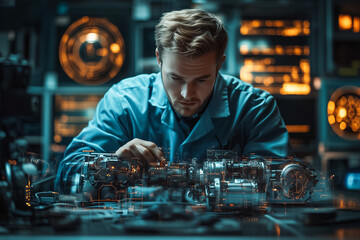 Poster - Technician inspects intricate mechanical parts in a modern, minimalist space focused on precision and innovation