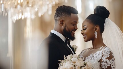 Wall Mural - A joyful couple shares a tender moment at their wedding, surrounded by elegant decor and a romantic atmosphere.