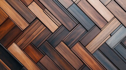 Sticker - Close-up view of a wooden floor with parquet design in various shades of brown and beige, showing a detailed geometric pattern.