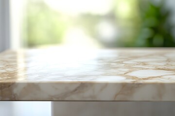 Poster - Empty marble countertop with blurred background of green plants and sunlight.