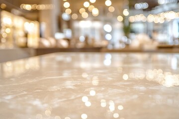 Aufkleber - Empty marble table in a modern restaurant with blurred background and warm light.