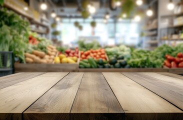 Poster - Empty wooden table in front of a blurred background of a grocery store with fresh produce on shelves.