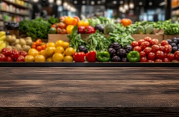 Poster - A wooden table top with a blurred background of a grocery store produce section with vibrant colorful fruits and vegetables.
