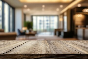 Poster - Wooden table top with a blurry background of a modern hotel lobby.