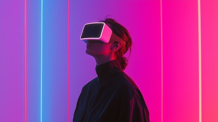 Poster - person experiences virtual reality in a colorful lighting environment with neon hues