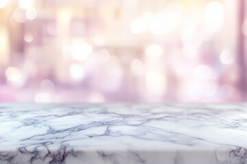 White marble table top with blurred bokeh background.