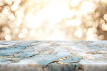 Poster - Marble table top with blurred gold bokeh background.
