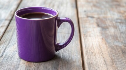 Purple Coffee Cup on Rustic Wooden Table, Steaming Aromatic Morning Beverage with Copy Space.