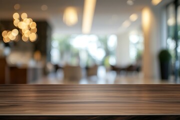 Aufkleber - A close-up shot of a wooden table top in a blurred cafe setting, with soft lighting and greenery in the background, providing a clean and minimalist aesthetic for product display.