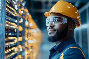 Poster - Technician in safety helmet and goggles optimizes electrical systems in a contemporary data center environment